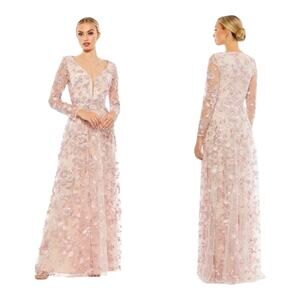 Mac Duggal 70224 Floral Applique Illusion Gown Long Sleeve Rose Pink Size 8 NWT